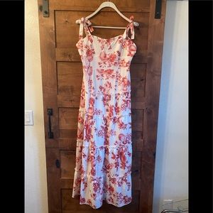 White & coral red floral maxi dress